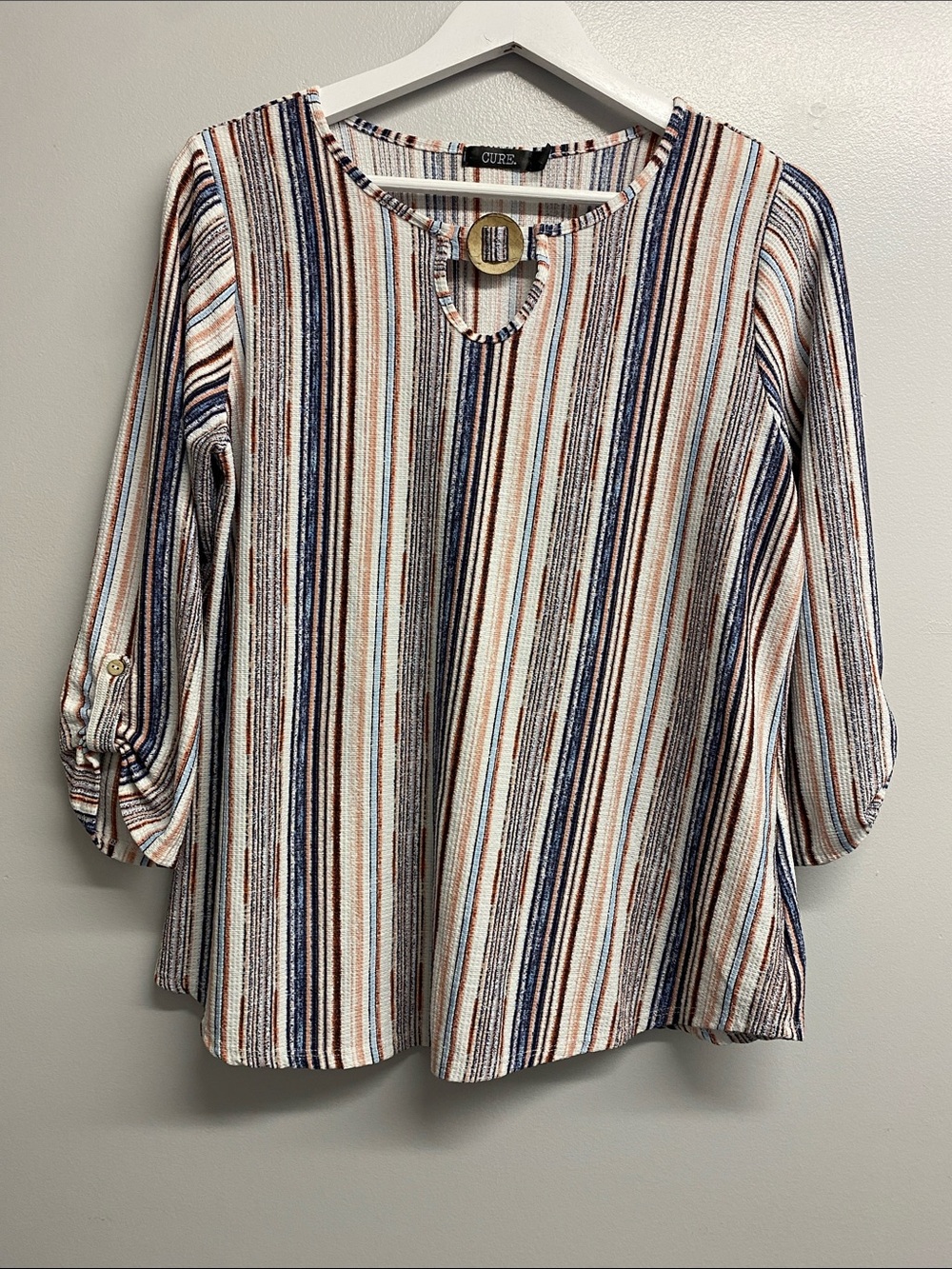 Cure Striped Keyhole Roll-Tab Sleeve Blouse - Multi